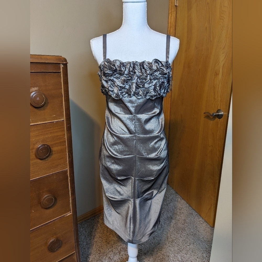 R&M RICHARDS Ruched Silver Rose Ruffle Midi Cocktail Dress - Picture 1 of 13